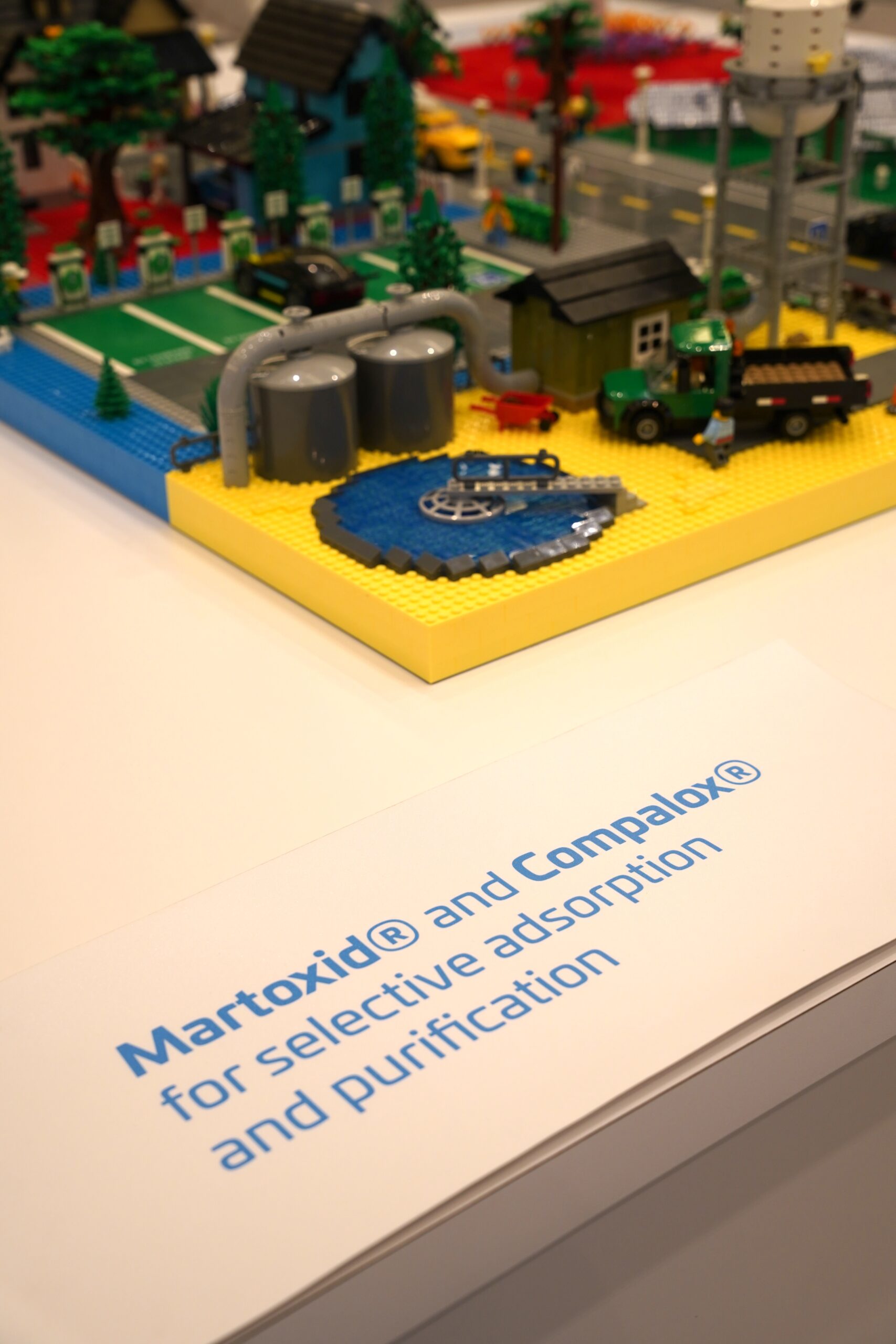 Decal reading Martoxid and Compalox for selective adsorption and purification beside the Huber LEGO city model