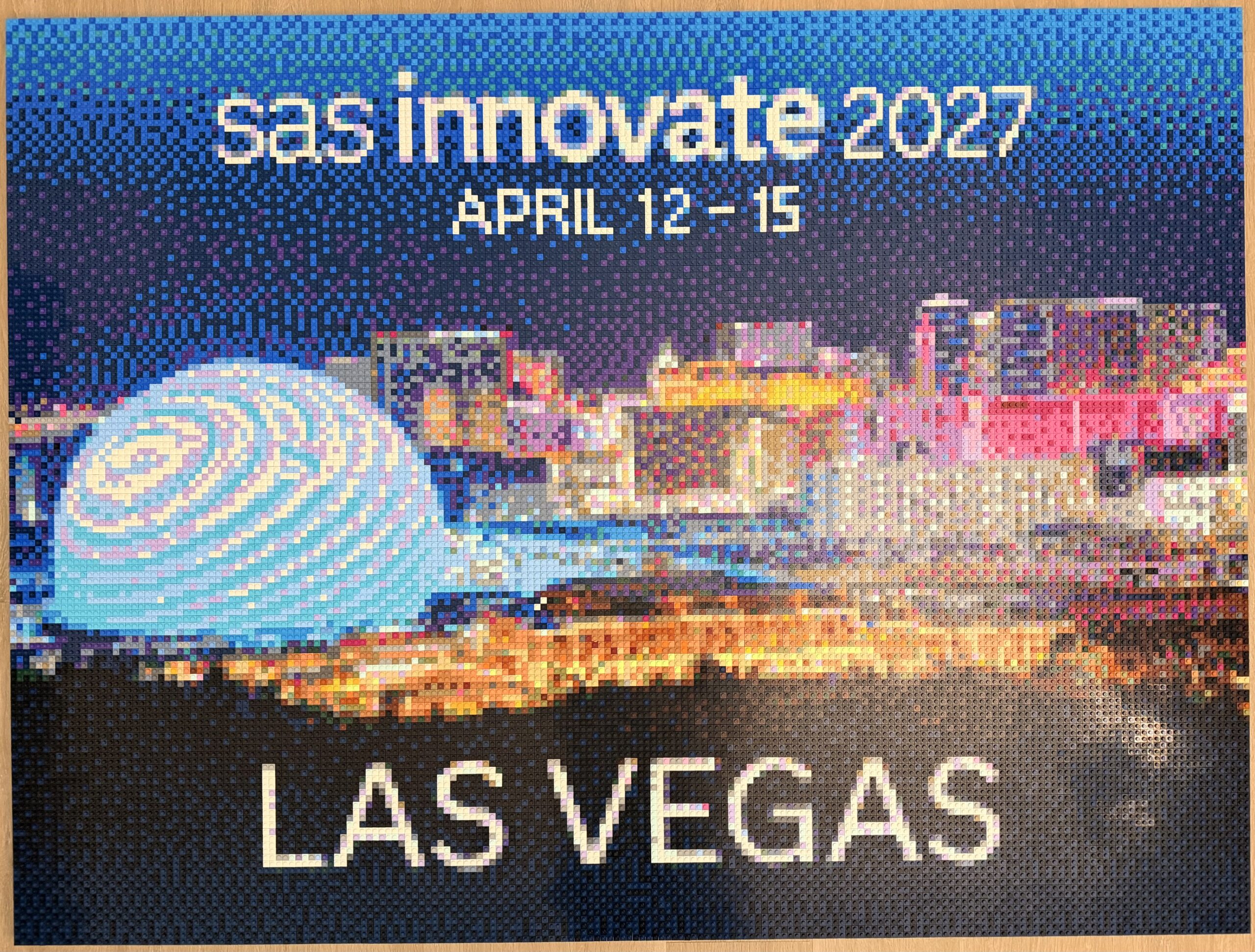 Completed SAS Innovate 2027 LEGO mosaic revealing Las Vegas and the April 12 to 15 dates