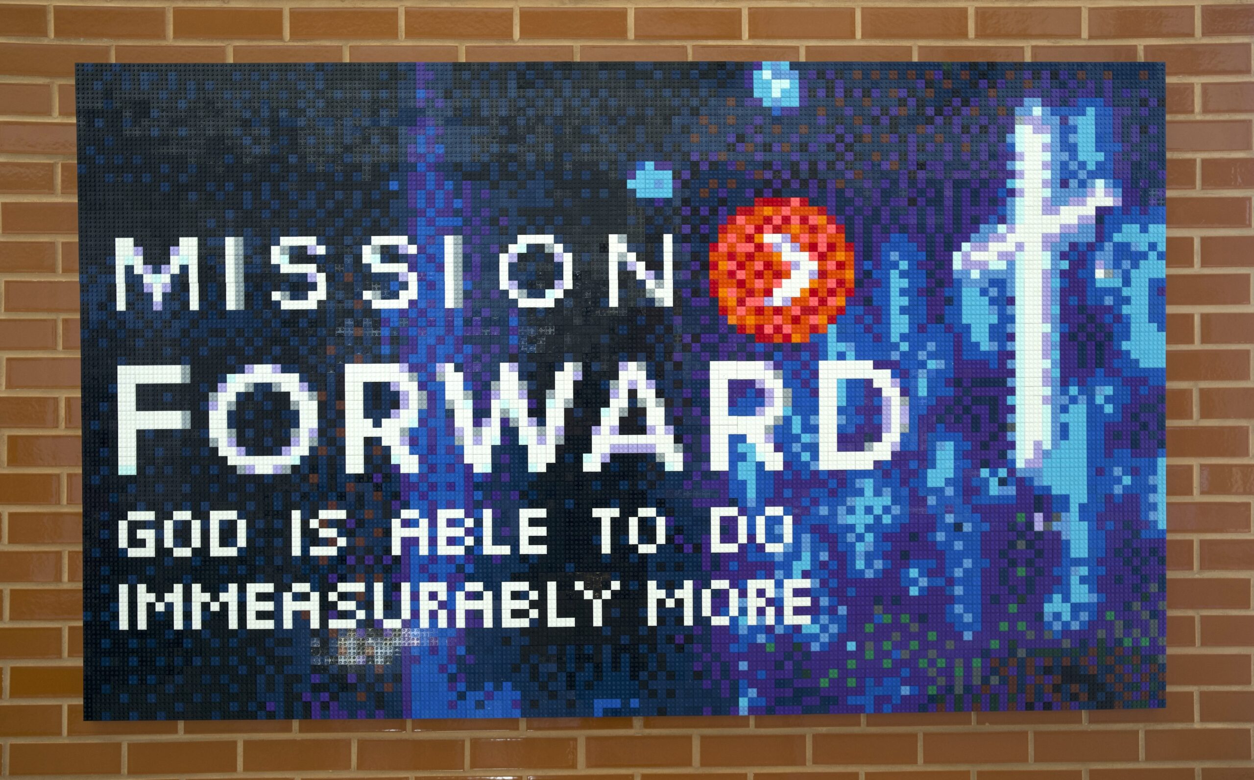 Close-up of the completed Mission Forward LEGO brick mosaic for Victory of the Lamb